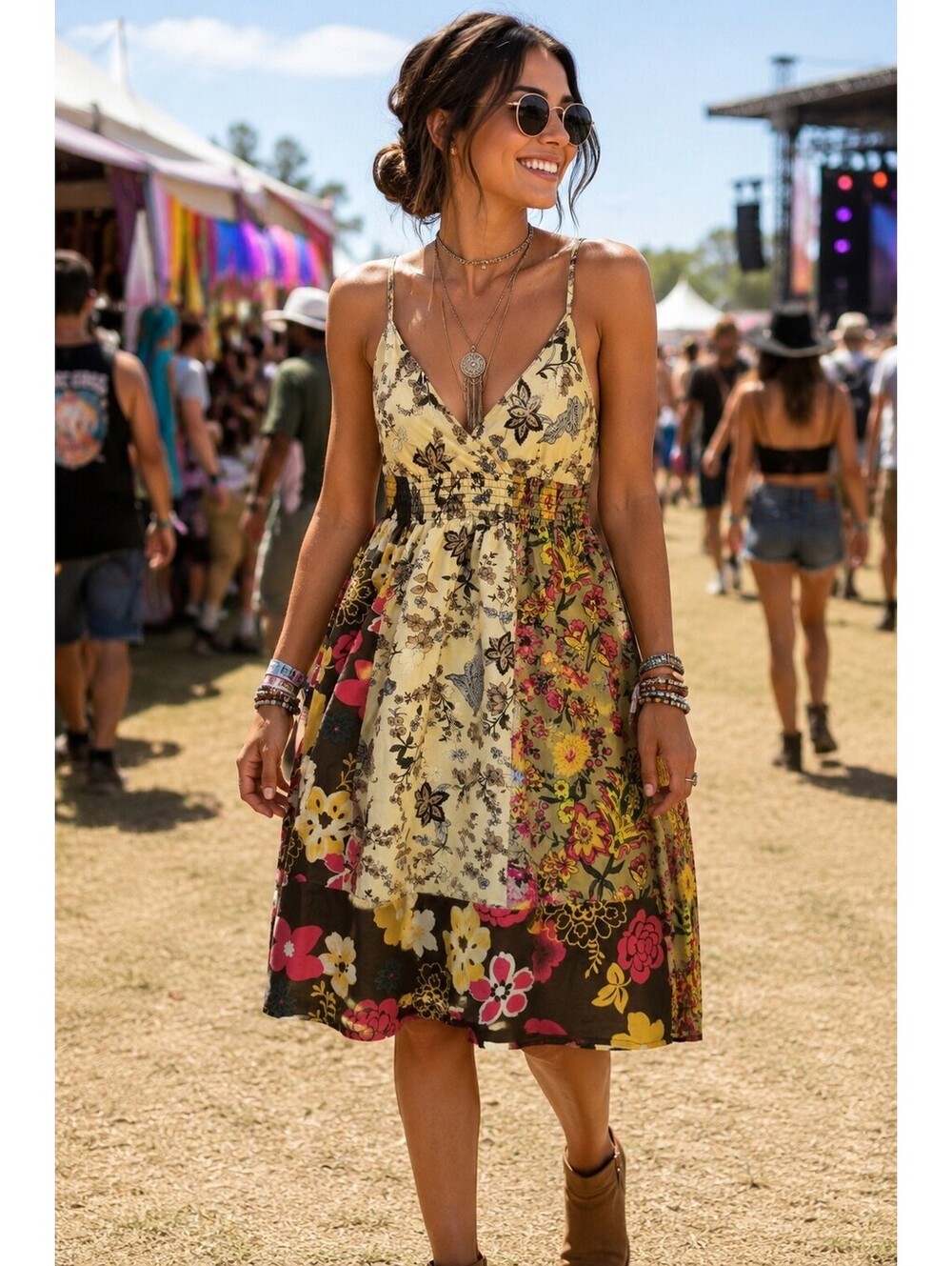 Patchwork Floral Sundress Juniors Spaghetti Strap Smocked Dress Sz Med. 7-9 Boho